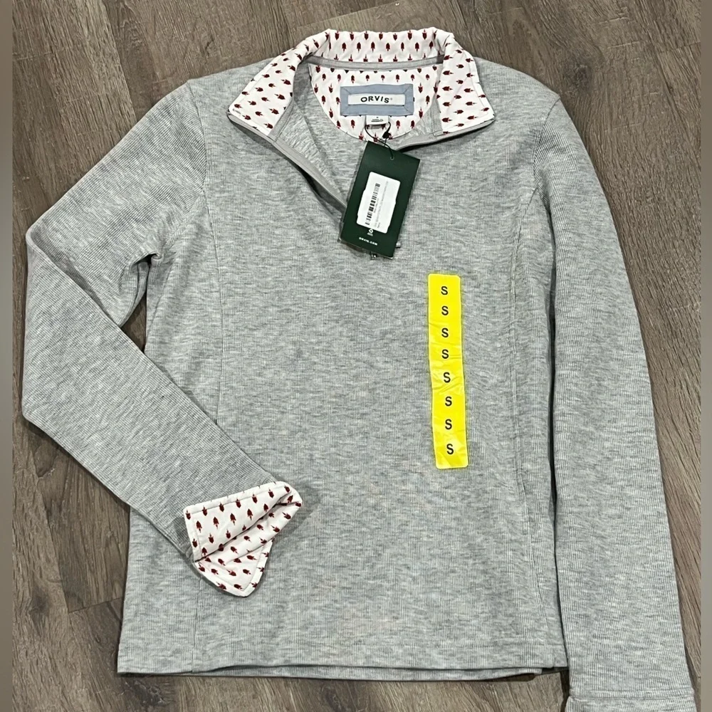 NWT Women’s Orvis Small Gray Quarter Zip Sweater Pattern Cuff Collar Rose Tree - Picture 1 of 10